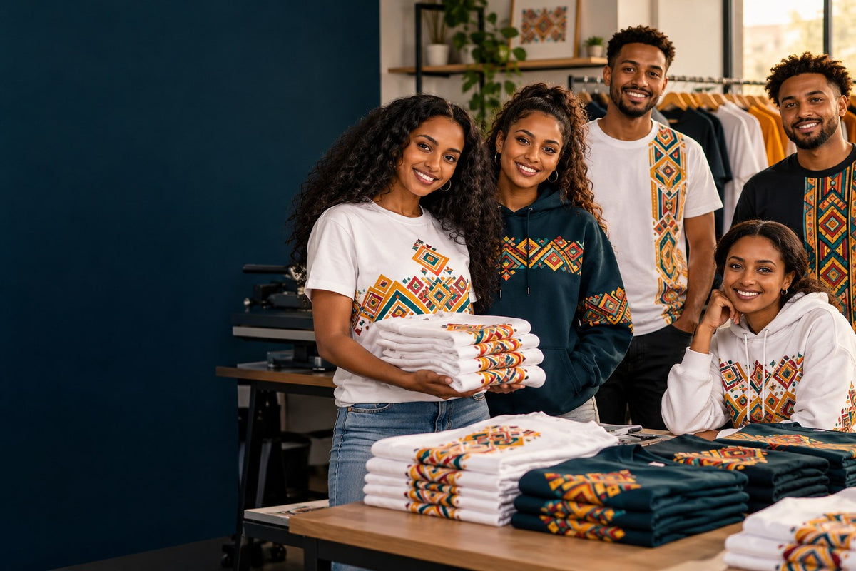 Illustration of a group wearing coordinated custom printed T-shirts and hoodies