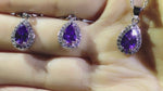 Lila Schmuck Sets Wassertropfen Zirkonia CZ Stein 925 Sterling Silber Ohrringe Halsketten Fingerringe
